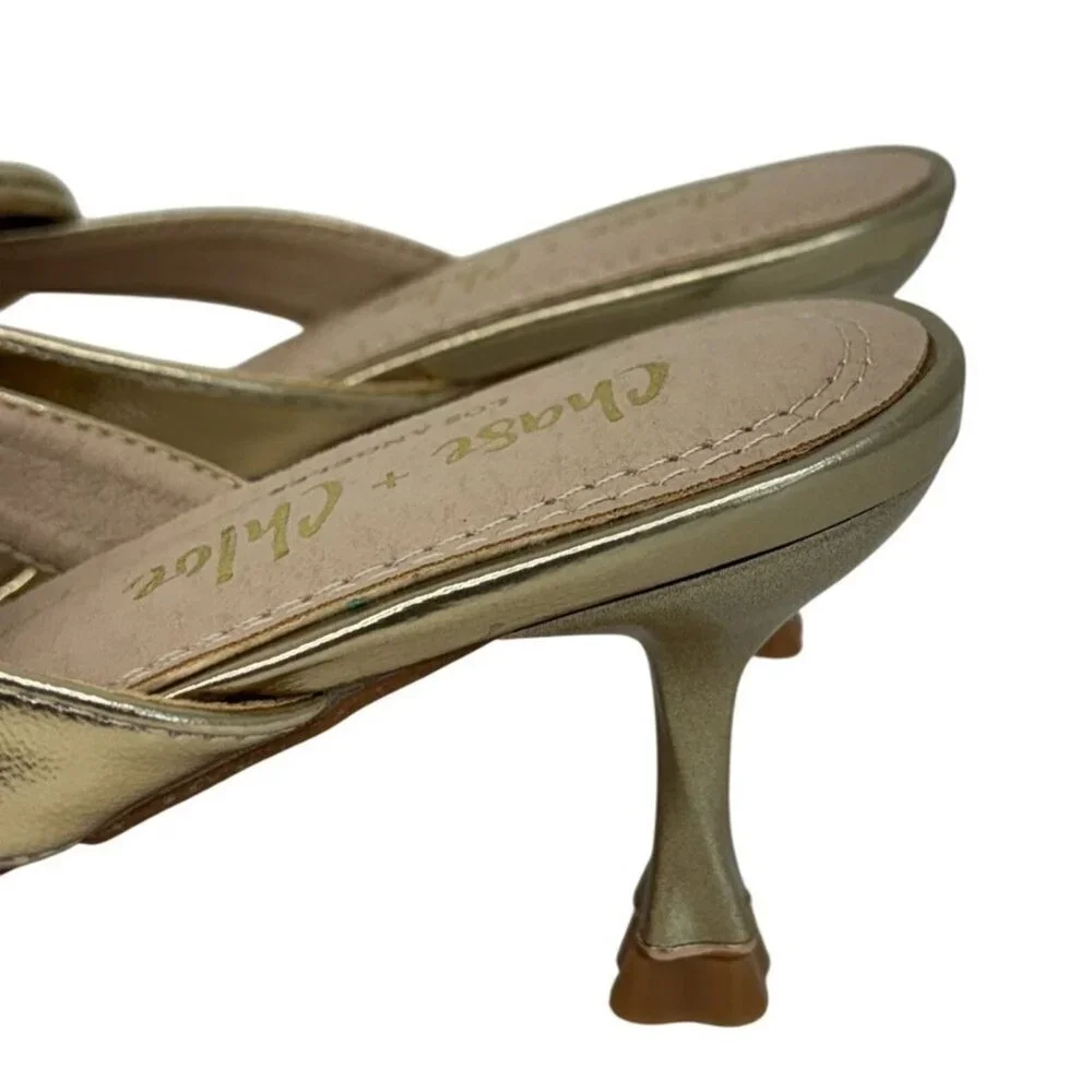 CHASE + CHLOE / Idra-3 / Gold / Pointed-Toe / Kitten Heel / Mules With Bow Accen